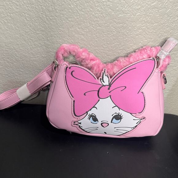 Loungefly Disney Marie Aristocats Handbag Crossbody NWT Pink Fuzzy Handle Cat - Picture 1 of 4